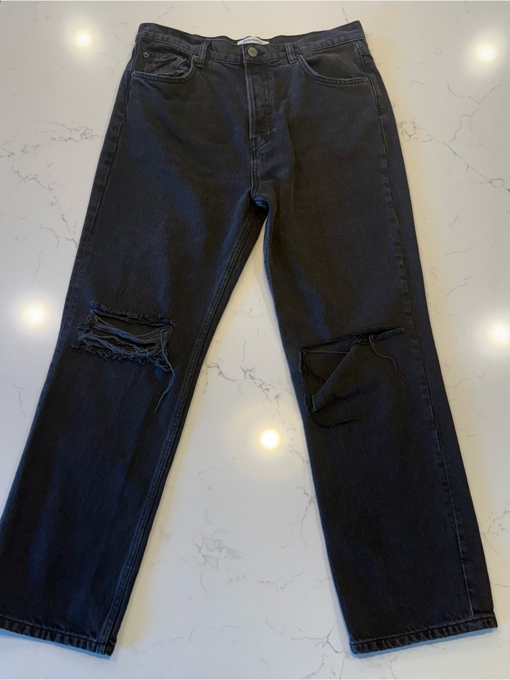 Reformation Cynthia High Rise Straight Jeans Black button fly Distressed Sz 31